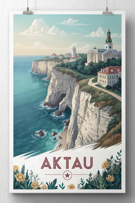Aktau Kazakhstan Travel Poster - Caspian Sea and Limestone Cliffs Art Print Post