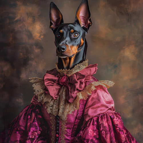 Lady Doberman in a richly detailed, ornate outfit with a luxurious maroon color