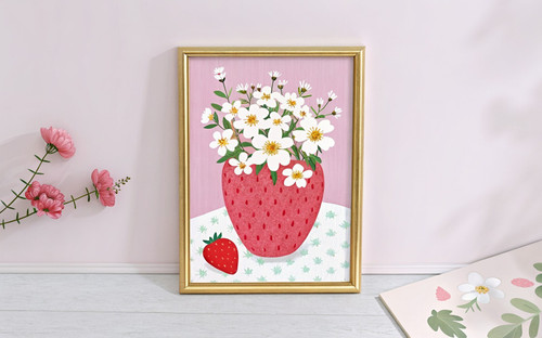 Sweet Strawberry Vase with Daisiy Bunch Art Print - Unframed A6 A5 A4 A3 A2 A1 -