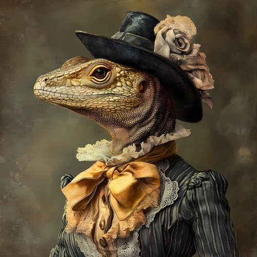 Lady Lizard with a formal, Victorian-style outfit, including a black top hat wit Lady Lizard with a formal, Victorian-style outfit, including a black top hat wit