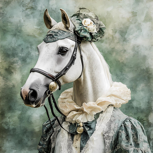 Lady Horse with a detailed and ornate headgear featuring a floral accessory and