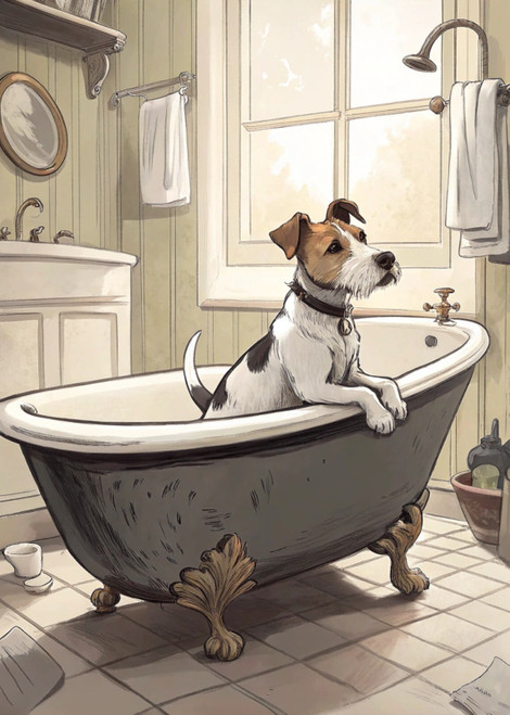 0_Jack Russell in bath bathroom wall art watercolour sketch vertsion 3 unique