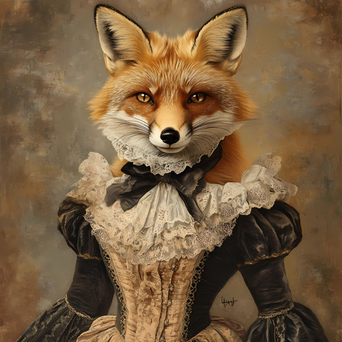 Lady Fox with a detailed lace-like garment reminiscent of an elegant historical