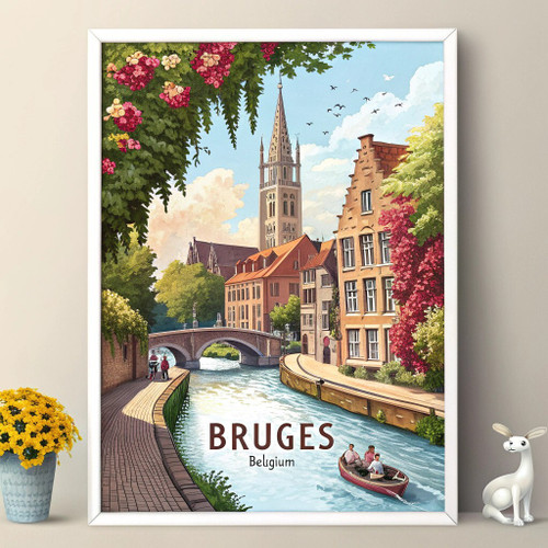 Charming Bruges Belgium Travel Poster - Medieval Cityscape Art Print Poster Canv