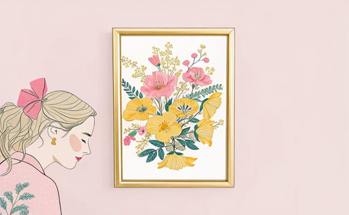 Girl with Wildflowers Bunch Sketch Colourful Art Print - Unframed A6 A5 A4 A3 A2