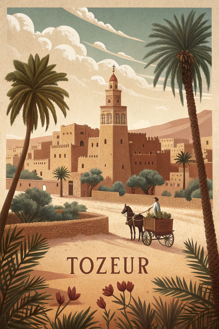 Exquisite Tozeur Tunisia Travel Poster - Oasis & Architecture Art Print Poster C