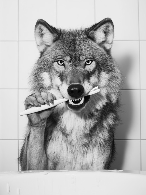 WolfBrushingTeeth-3by4 Poster Canvas Funny Annimals Pritnt A0 A1 A2 A3 A4 A5 A6