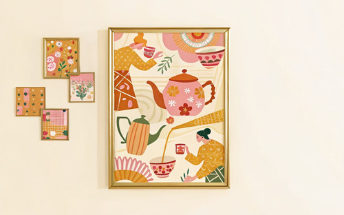 Retro Tea Biscuits Tea Cups Teapot Floral Vintage Art Print - Unframed A6 A5 A4