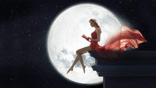 fantasy-girl-sitting-on-roof-reading-book-moon-j9-5120x2880 Poster Canvas Movie