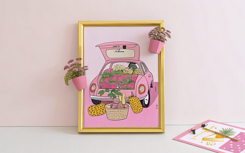 Flower Market Retro Car Checker Art Print - Unframed A6 A5 A4 A3 A2 A1 - Pink Da