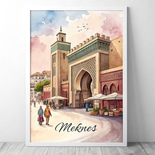 Exquisite Meknes Morocco Travel Poster - Vibrant Medina Watercolor Art Print Pos