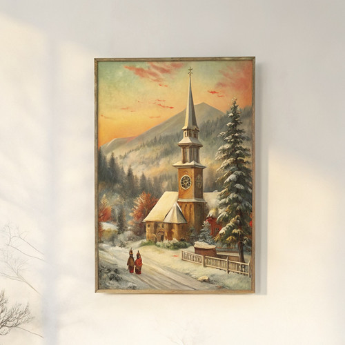 Vintage Christmas church scene art print - winter snow traditional festive seaso