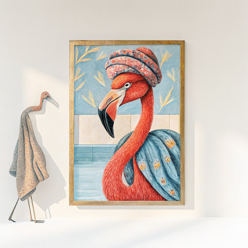 Flamingo wearing a bath robe and hair turban wall art print - bold aesthetic fla