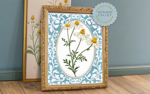 Vintage Archive Wild Daisy Study on Painted Tile Art Print - Unframed A6 A5 A4 A