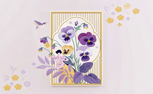 Pansy Posy Lilac on Vintage Pressed Flower Ticking Stripe Art Print - Unframed A