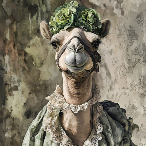 Lady Camel with a green floral headpiece and a lace-like garment. Art Gallery Po