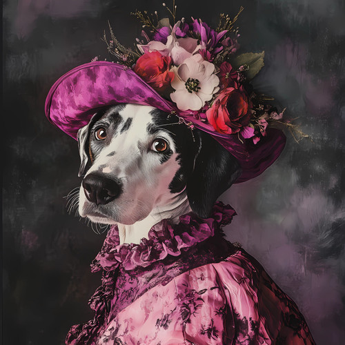 Dalmation with a vibrant pink outfit and a flower-embellished hat. Art Gallery P