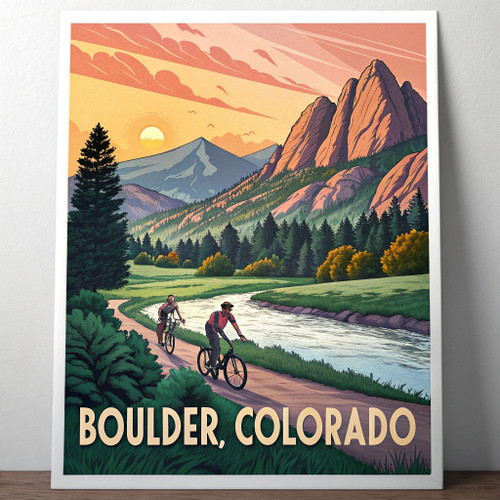 Boulder, Colorado Vintage Style Travel Poster - Flatirons and Green Boulder Cree