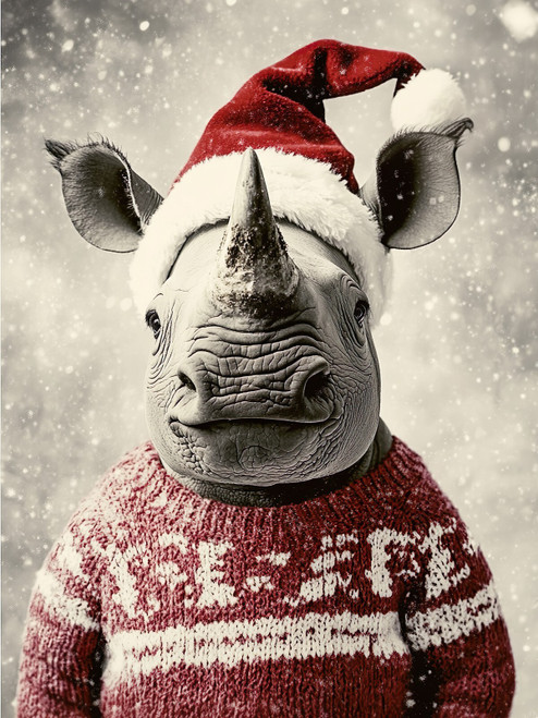 Christmas Rhino-3by4 Poster Canvas Funny Annimals Pritnt A0 A1 A2 A3 A4 A5 A6