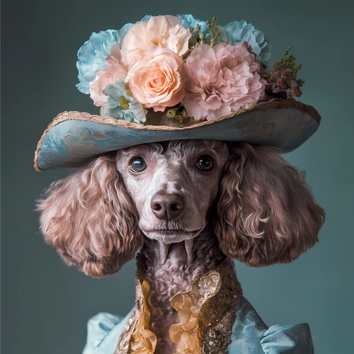 Poodle in with a distinctive outfit and floral accessory. Poster Canvas Movie Fi