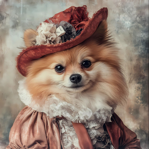 Regal Pomeranin is dressed in a vintage-inspired outfit, complete with a decora