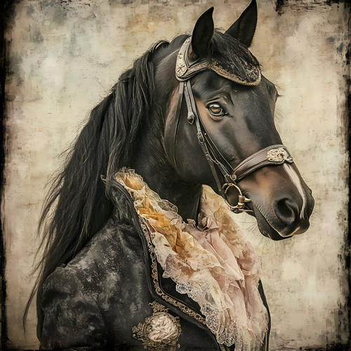 Lady Horse in a detailed bridle and a blouse with lace-like patterns and delicat