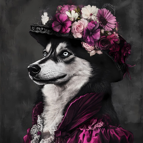 Siberian Husky with a decorative flower hat and a maroon-colored, luxurious-look