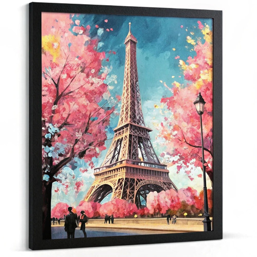 Eiffel Tower Wall Art Paris Print Pink Blossoms Landscape Cityscape Art Print (1