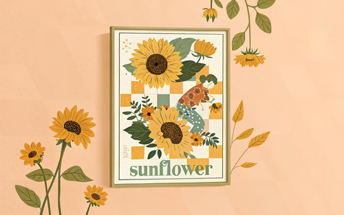 Sunflower Bouquet Floral Checker Art Print - Unframed A6 A5 A4 A3 A2 A1 - Sage A