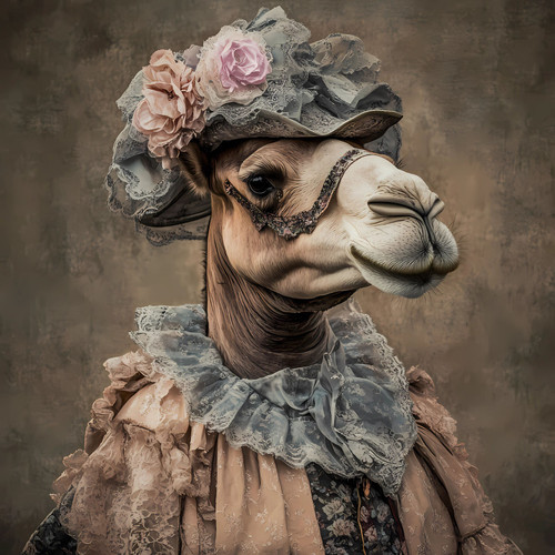 Lady Camel in a blend of lace, ruffles, and a decorative floral accessory. The o