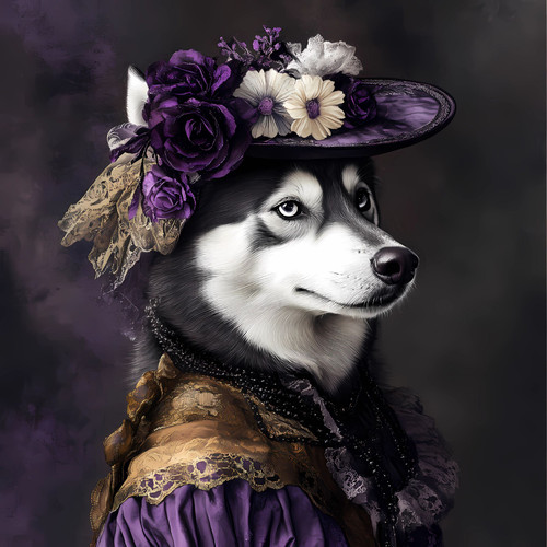 Siberian Husky with a decorative hat featuring a variety of flowers, including r
