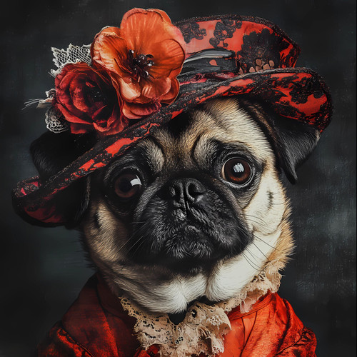 Pug with a decorative hat and a matching outfit, which includes a richly detaile