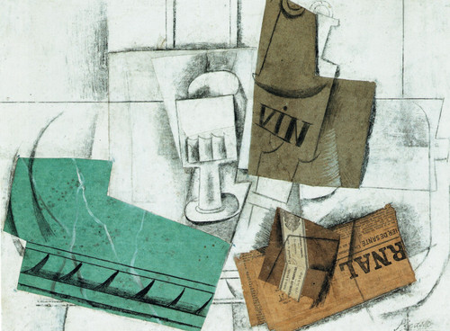 Pablo Picasso - Glass bottle of wine packet of tobacco and newspaper 1914 Poster