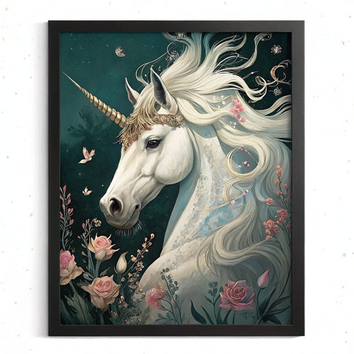 Unicorn Art Print Lounge Wall Art Pictures Of Unicorn Poster Rose Flowers Art (1
