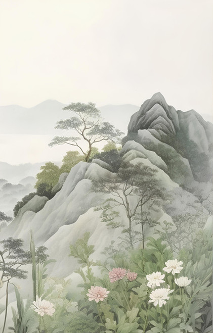 Set Wall Art Japanese Landscape, Triptych Sage Green Mountains Landscape Wall Ar