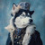 Siberian Husky with a steampunk-inspired outfit, including a top hat with intric