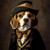 Beagle in a formal outfit with a black jacket featuring gold embellishments and