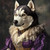 Siberian Husky in a lavish Elizabethan-style outfit with a lavender velvet-like