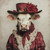 Lady Cow in a detailed, luxurious red outfit with lace elements and a large, sho