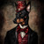 Regal Doberman in a formal outfit that includes a red and ornate hat with a deta
