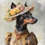 Lord Doberman with a large, stylish hat featuring a variety of flowers, includi