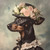 Lady Doberman in a top hat adorned with a floral arrangement of various flowers,
