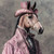 Lord Horse with a pink top hat featuring a wide brim and a decorative bow-like d