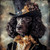 Poodle with a richly detailed and ornate top hat adorned with gold accents and f