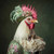 Regal Hen in a regal costume that includes a decorative headdress featuring Post