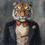 Gentelman Tiger wears a steampunk-inspired outfit, including a dark jacket, a ve