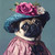 Pug with a hat featuring a pink rose and a lace-like base, along with a matchin