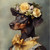 Lady doberman in a rich, earthy brown coat and is adorned with a floral headpiec