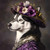 Siberian Husky with a variety of flowers, predominantly purple, along with some