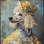 Poodle in a detailed, ornate outfit with a mix of lace, ribbons, and a decorativ